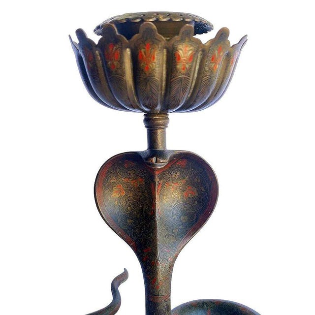 20th Century Hand Etched Persian Cobra Brass and Bronze Candle Holders, Pair For Sale - Image 10 of 12