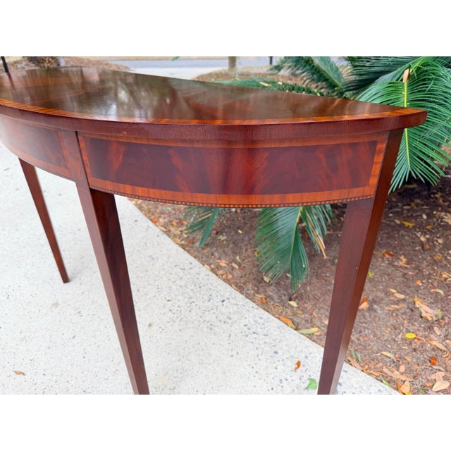 Traditional Long Federal Style Demi Lune Inlaid Mahogany Console Table For Sale - Image 3 of 13