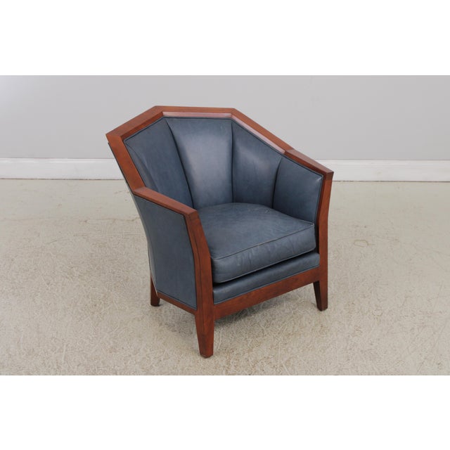 Arts & Crafts Pair of Stickley Cherry Blue Leather Club Chairs For Sale - Image 3 of 15