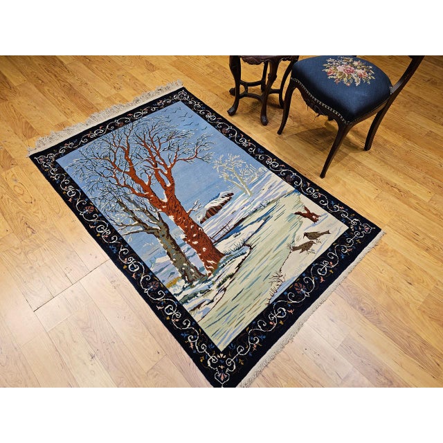 1900 - 1909 Vintage Persian Tabriz Pictorial Rug, Hand-Knotted Wool, Winter Forest Scene, Blue & Ivory, 4x6 For Sale - Image 5 of 16