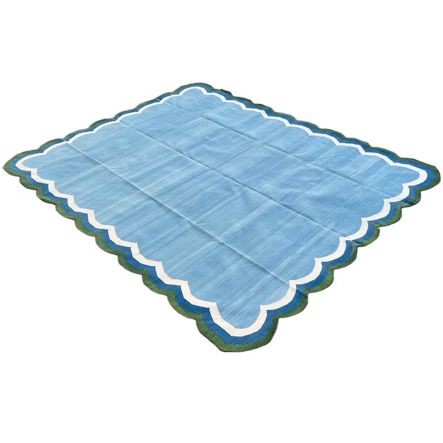 Mid-Century Modern Not Yet Made - Made To Order Handmade Cotton Vegetable Dyed Scalloped Edge Rug Sky Blue With Forest Green Border - 10'x14' For Sale - Image 3 of 11