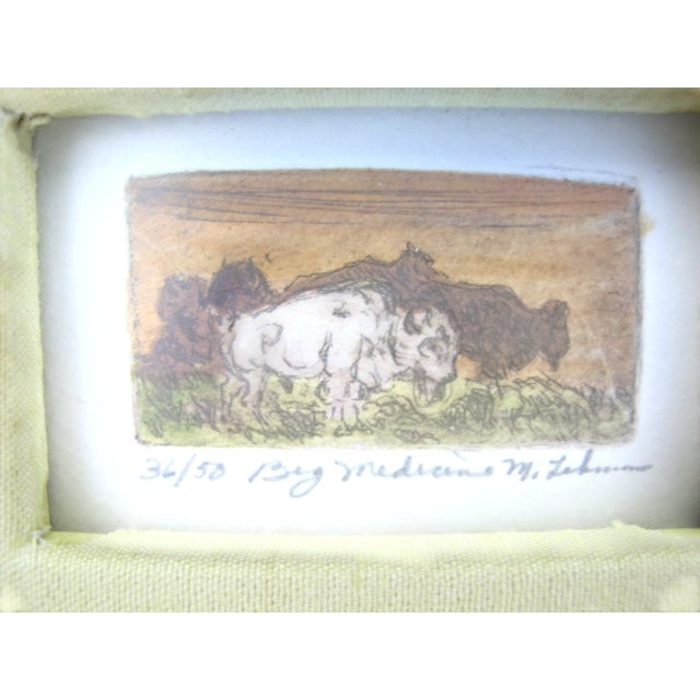 Miniature hand colored Western style hand colored etching of a white bison created by Mary Lehman Limited edition 36/50,...