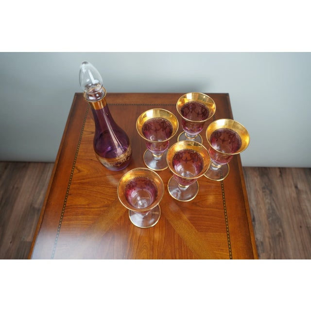 Vintage Six Piece Italian Amethyst Glass Decanter Set With 22k Gold Accents C. 1960 For Sale - Image 4 of 6