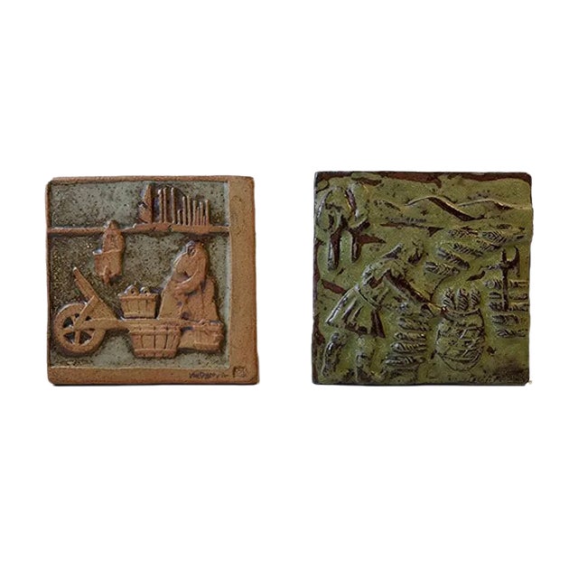 Swedish Glazed Stoneware Plaques, 1970s, Set of 2 For Sale