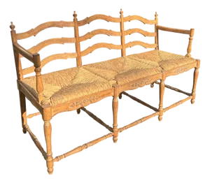 Vintage French Style Pine Bench Settee With Rope Rattan Has Cushion