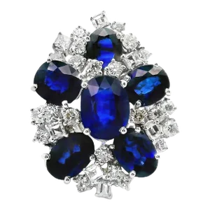 Blue Sapphire Diamond 18k White Gold Cluster Ring Size 6.75