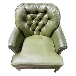 Olive Green Leather Tufted Club Chair For Sale