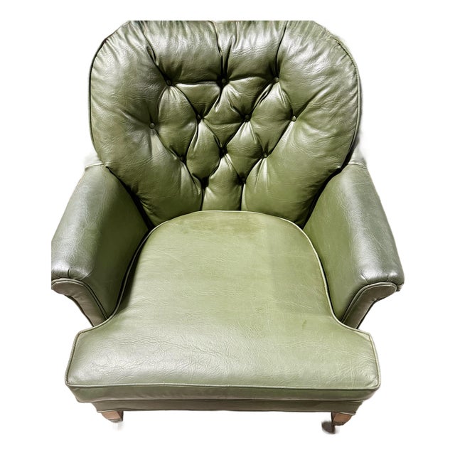 Olive Green Leather Tufted Club Chair For Sale