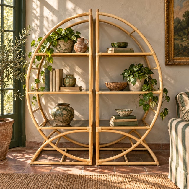 Brown 84-Inch Rattan Half-Round Etageres With Smoked Glass Shelves - A Pair For Sale - Image 8 of 8