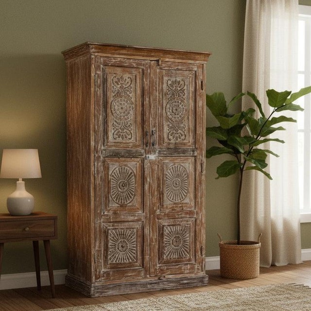 Antique Brass-Studded Wardrobe Armoire | Heritage Revival Handcrafted Cabinet 80x45 For Sale In Orlando - Image 6 of 7