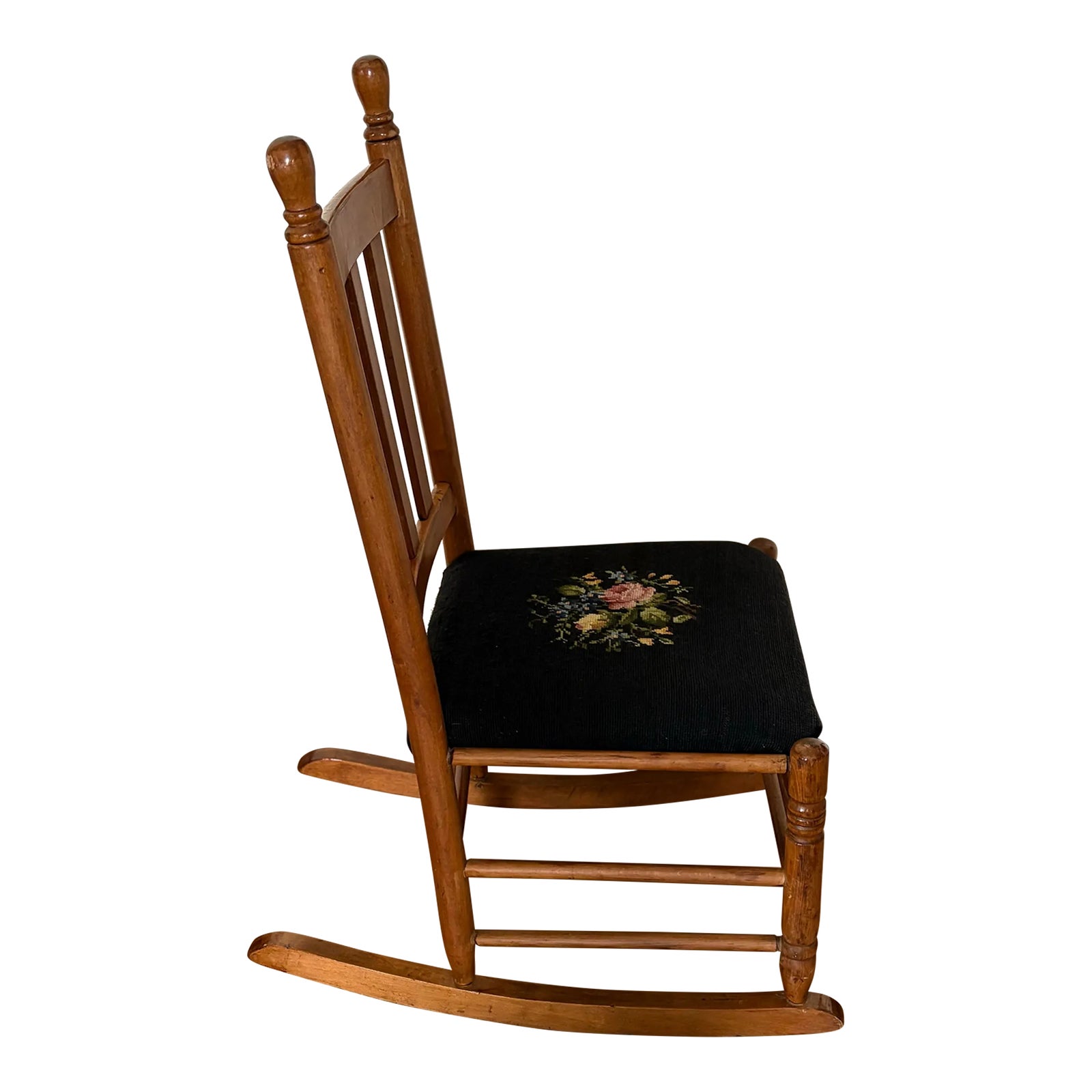 Vintage Oak Rocker With Needlepoint Floral Multicolored Cushion, Circa ...