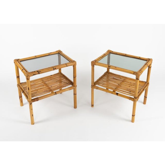 Mid-Century Modern Mid-Century Side Tables in Rattan, Bamboo and Smoked Glass, Italy, 1970s, Set of 2 For Sale - Image 3 of 13