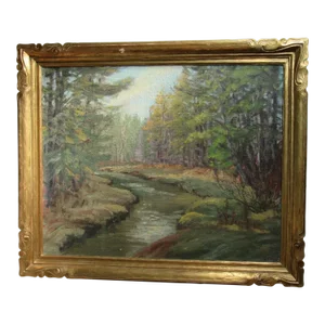 Maine Forest Landscape With Stream Painting by George Louis Morris American Impressionist Frame