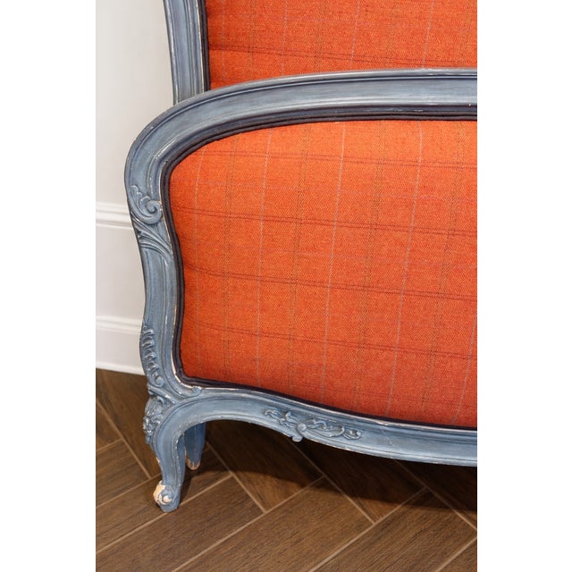 French Late 20th Century French Louis XV–Style Upholstered Bed Frame in Blue-Gray With Burnt Orange Plaid + New Frame For Sale - Image 3 of 7