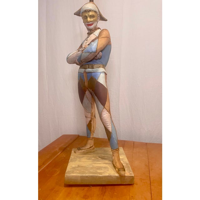 Vintage Harlequin figural table lamp by The Marbro Lamp Company, rendered in painted plaster/chalkware after René de...