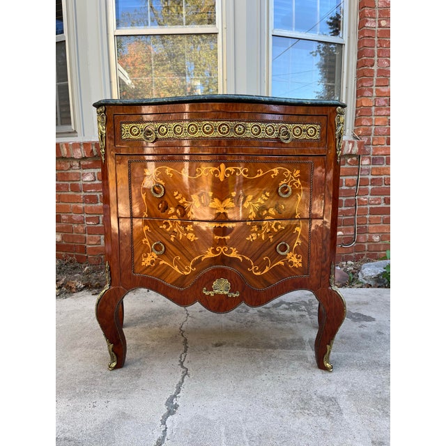Mid 20th Century Louis XV Marquetry Cabinet Chest of Drawers With Brass Ormolu- Green Marble Top For Sale - Image 5 of 12