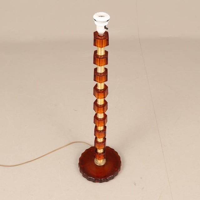 Mid-Century Modern Brass and Amber Glass Lamp from Nybro Armaturfabrik, 1960s For Sale - Image 3 of 8