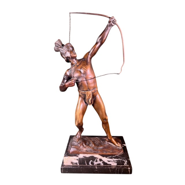1900s Bronze Sculpture Indian With Bow Signed O Hartel For Sale - Image 4 of 6