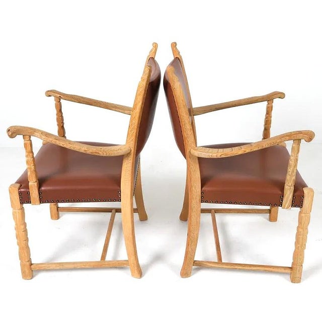Mid-Century Modern Pair Danish Modern Carved Armchairs W Leather Upholstery For Sale - Image 3 of 7