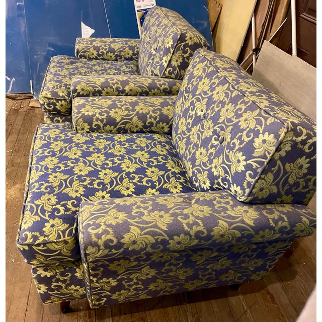 Textile Mid 20th Century Blue Shiny & Matt Lime Green Floral Upholstery Club Lounge Chair For Sale - Image 7 of 12