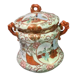 Antique Hand Painted Asian Japanese Kutani Figural Biscuit Covered Jar