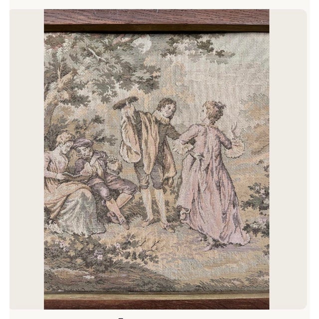 Vintage Framed French-Style Fête Galante Tapestry – Pastoral Scene in Rustic Wood Frame For Sale - Image 4 of 5