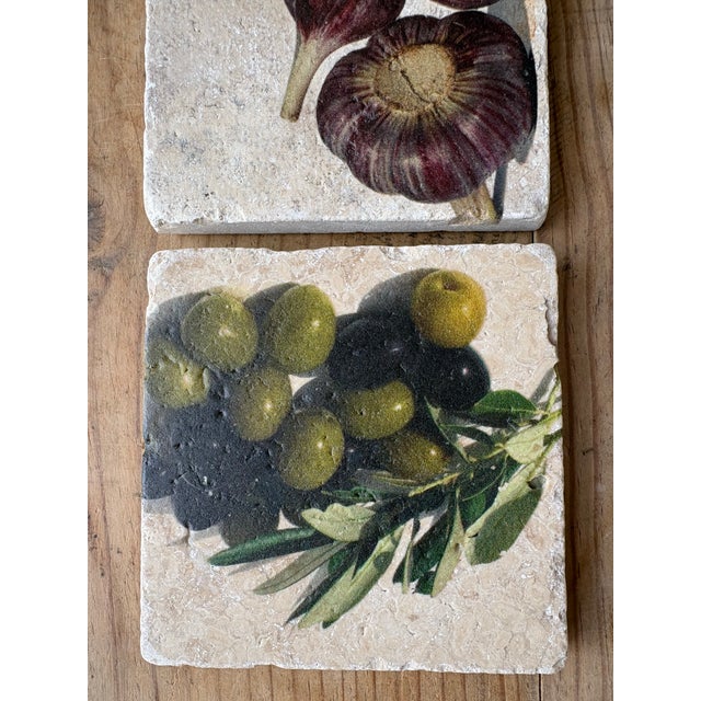 Late 20th Century Vintage Italian Olive & Garlic Travertine Stone Coasters, Set of 3 For Sale - Image 5 of 10