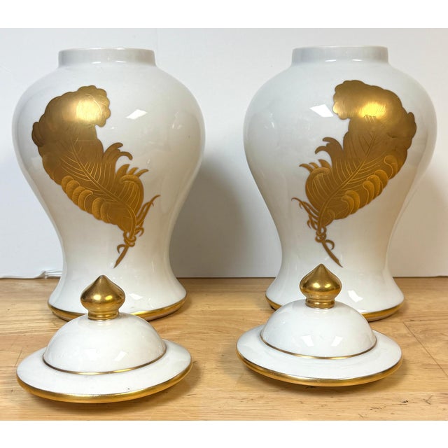 Pair Maison Jansen Style Porcelaine de Paris Covered Urns Gilt Feather Motif For Sale - Image 15 of 18