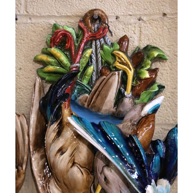 Pair Early 20th Century French Barbotine Majolica Game Bird Wall Pockets For Sale - Image 9 of 14
