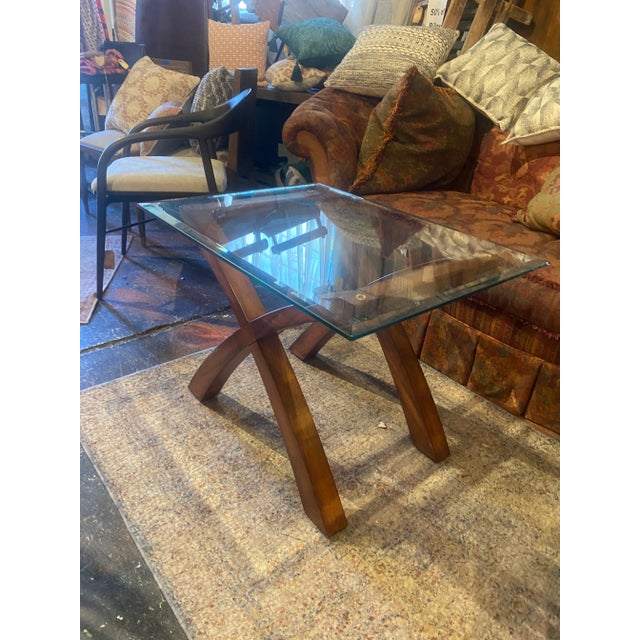 1990s Vintage Wooden Cross Leg Coffee Table With Glass Top Chairish