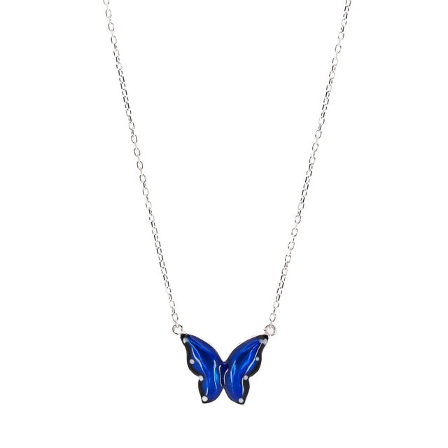 Contemporary Spiritual Butterfly Blue Enamel Sterling Silver Necklace For Sale - Image 3 of 8