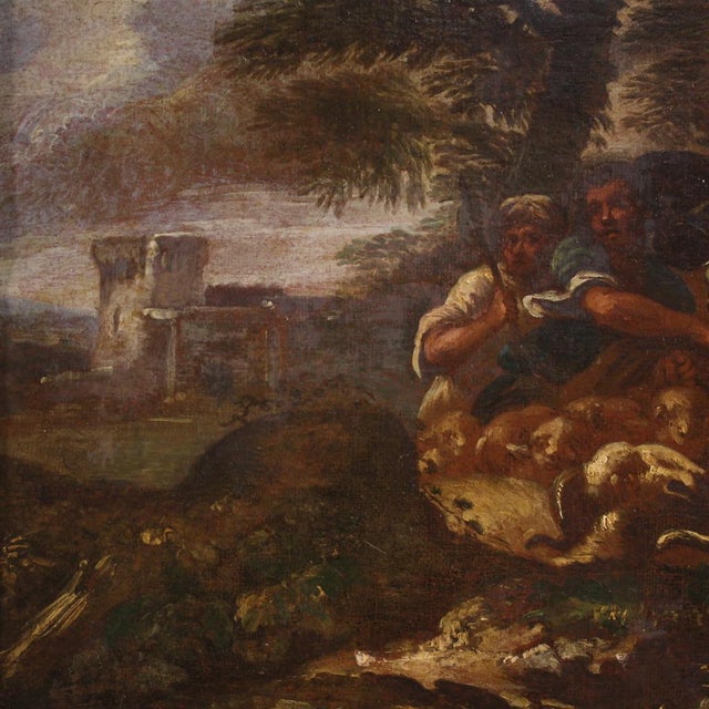 Italian Artist, Landscape with Pastoral Scene, 1720, Oil on Canvas, Framed For Sale - Image 10 of 15