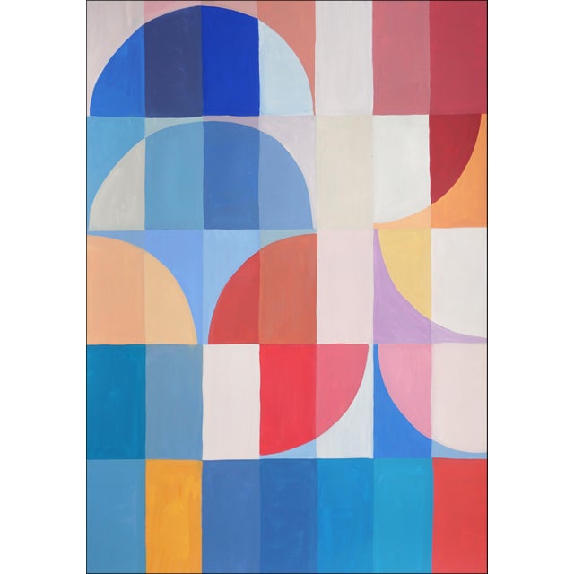 “Vivid Blossoming Arcs II” is a striking triptych that channels the spirit of the Bauhaus movement through precise...