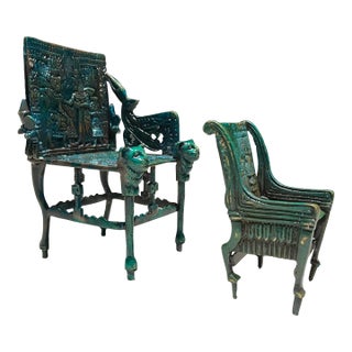 1800s Egyptian Throne Chair Bookends in Verdigris Bronze - 2 Pieces For Sale