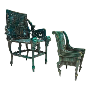1800s Egyptian Throne Chair Bookends in Verdigris Bronze - 2 Pieces
