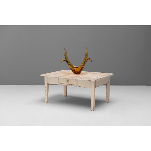 Pine coffee table with single drawer in aged paint finish. Circa 1880.