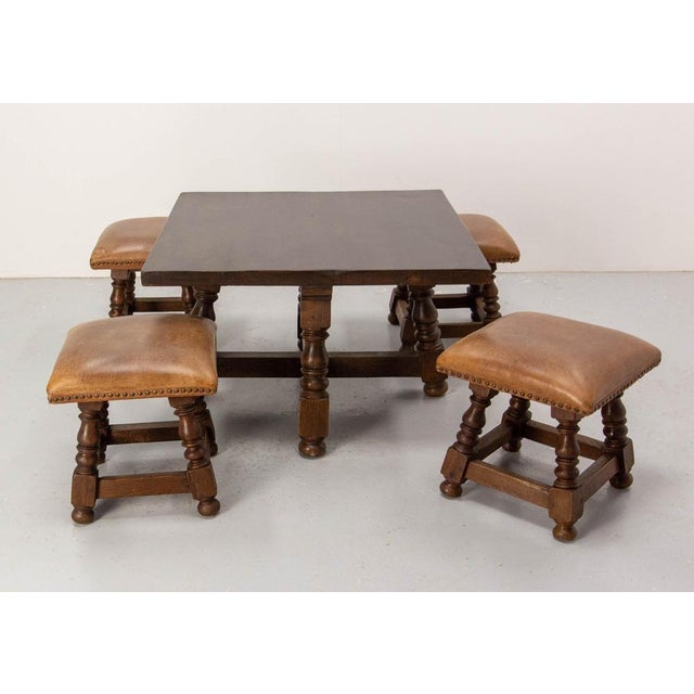 Spanish Alder Coffee Table with Alder and Leather Stools, 1960s, Set of 5 For Sale - Image 9 of 16