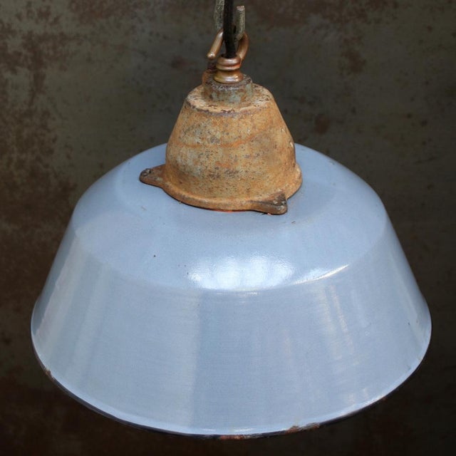 Vintage Industrial Pendant Light in Grey Enamel, Cast Iron and Clear Glass For Sale - Image 4 of 5
