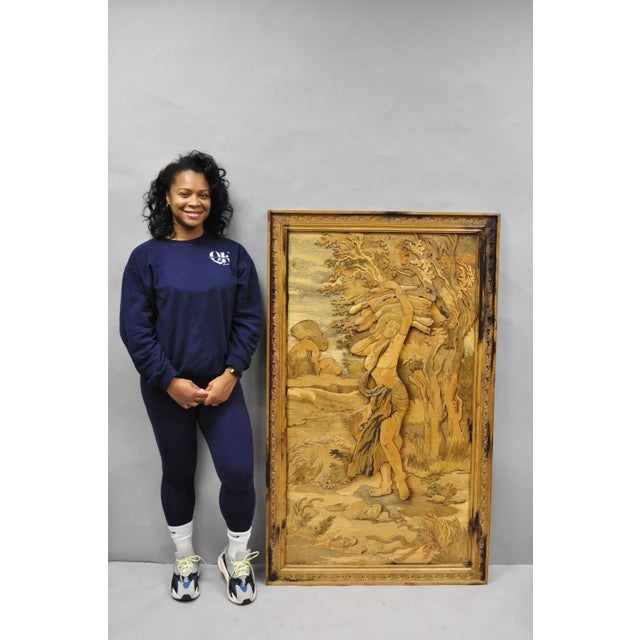 Vintage Large 60" Anglo Indian High Relief Hand Carved Wood Thai Woman Scene Wall Art Plaque. Circa Late 20th Century....