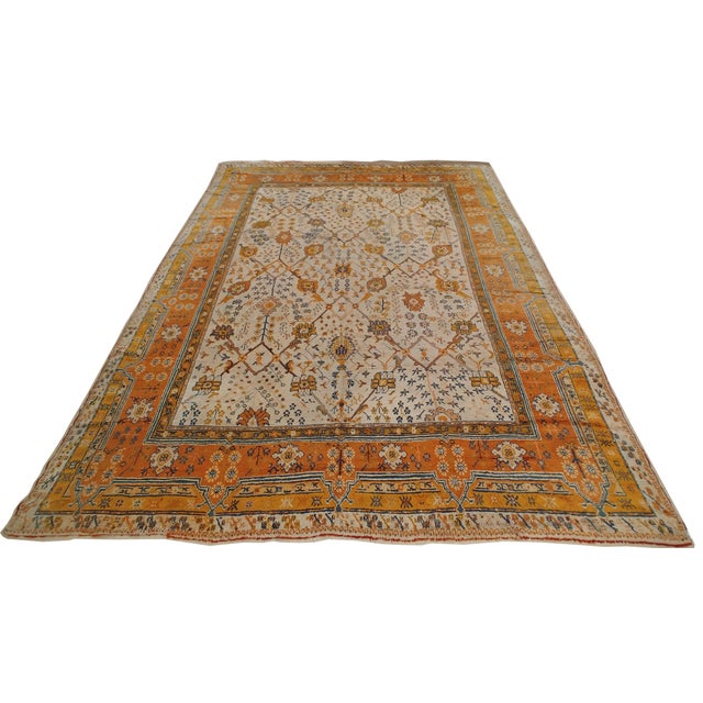 Antique Oushak Carpet, Oriental Rug, Handmade Ivory, Muted Orange, Soft Saffron For Sale - Image 10 of 18