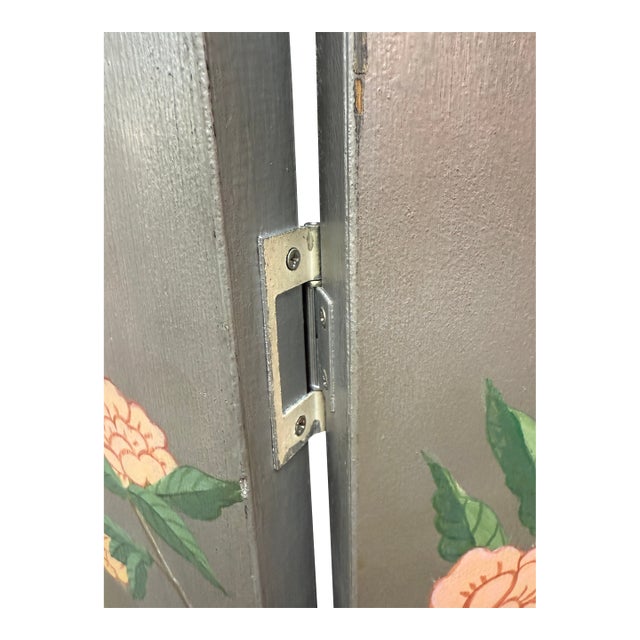 1980s Handpainted 3-Panel Screen of a Botanical Landscape With Birds, Dragonflies, and a Chameleon For Sale