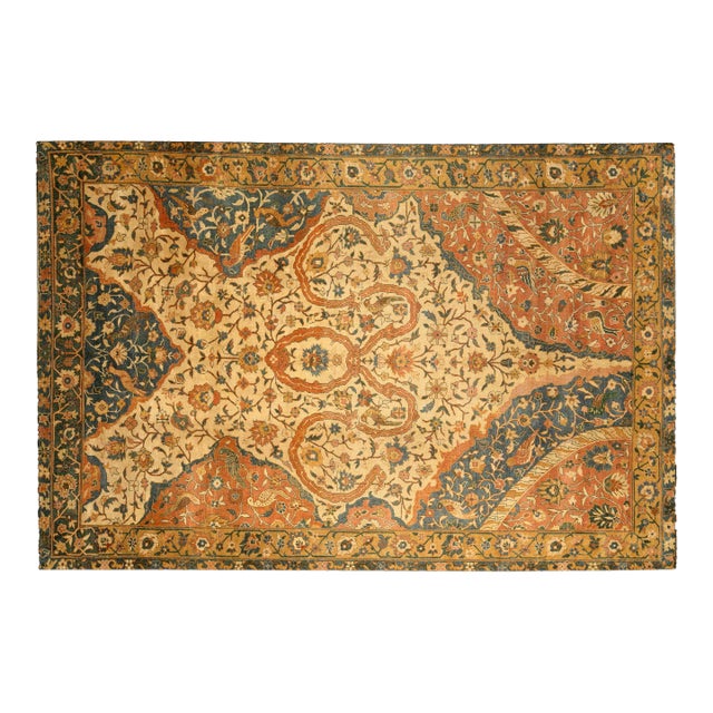 Antique Indian Blue, Yellow and Orange Handwoven Wool Carpet For Sale