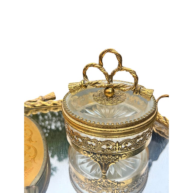 Traditional Vintage Brass Gold Vanity Make Up Set With Tray Perfume Mirror Powder For Sale - Image 3 of 9