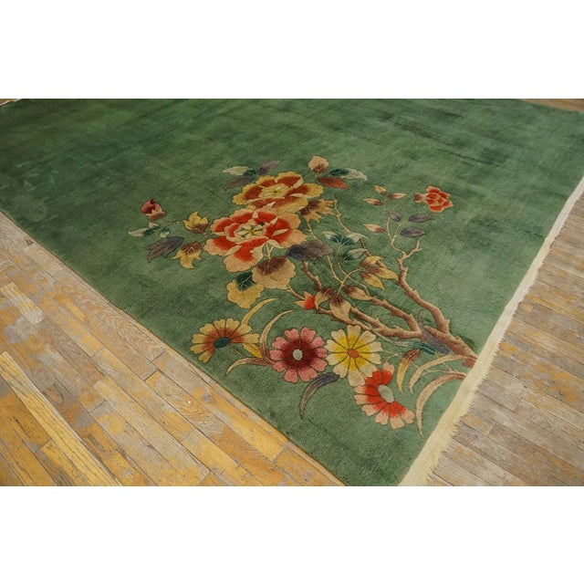1920s 1930s Green Open Floral Antique Chinese Art Deco Carpet 8' 7" X 11' 4" Knotted Pile Wool Rug For Sale - Image 5 of 12