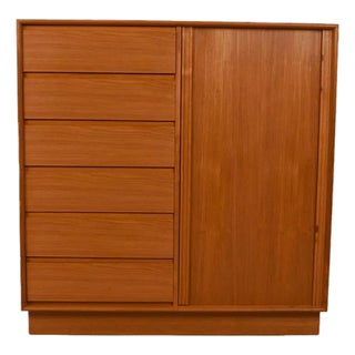 Mid-Century Danish Teak Highboy Tambour Door Gentlemans Chest Wardrobe For Sale