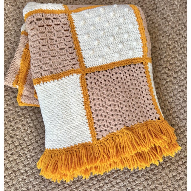 Vintage Orange & White Crochet Blanket For Sale - Image 4 of 5