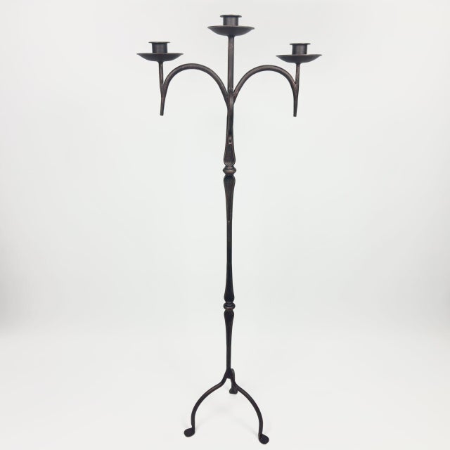 Metal Hand Forged Iron Floor Candelabra 46″ (117cm) Antique Copper or Gold Patina 3-Arm Classic Scroll Candle Holder Rustic Decor For Sale - Image 7 of 11