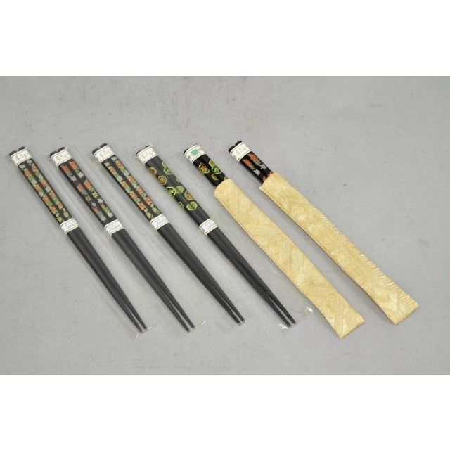 Vintage Japanese Oriental Chopsticks W/ 2 Custom Silk Gold Sleeves - 6 Pc Set For Sale - Image 10 of 10