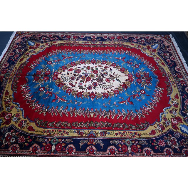 Vintage Persian Kerman Rug – Floral Oval Design, Red, Blue & Gold Accents 8'6 X 11'1 Ft For Sale - Image 4 of 6