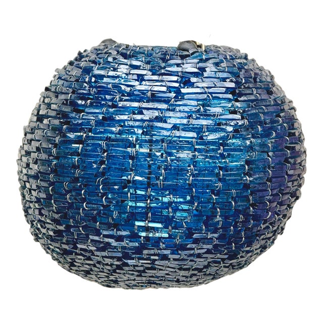 Vintage Mid-Century Cut Rich Blue Glass Stacked Globe-Shaped Round “Blue Moon” Pendant Light Fixture. Mid Century Vibe For Sale